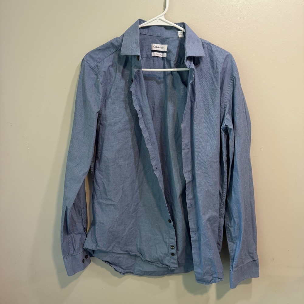 Calvin Klein Mens Slim Fit Stretch Button Down Shirt Blue Micro Check 16 34/35 L